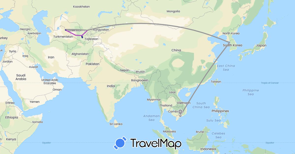 TravelMap itinerary: driving, plane, train in South Korea, Uzbekistan, Vietnam (Asia)
