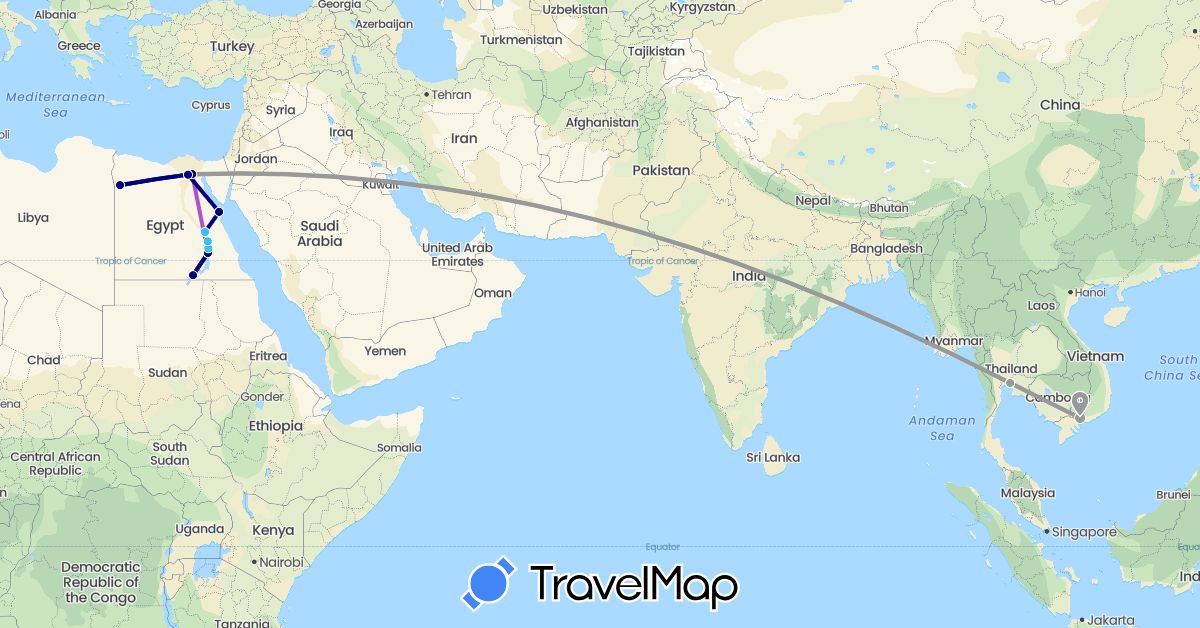 TravelMap itinerary: driving, plane, train, boat in Egypt, Thailand, Vietnam (Africa, Asia)