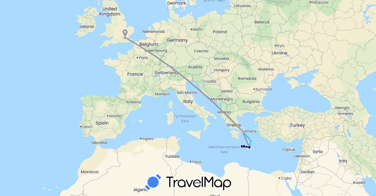 TravelMap itinerary: driving, plane, boat in United Kingdom, Greece (Europe)